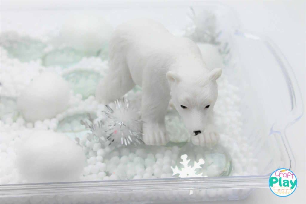 adding polar bear to sensory bin for preschool kids